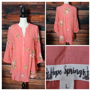 NWT Hope Springs Tunic Top L Coral Pink Floral Embroidered Tank Liner 3/4 Sleeve